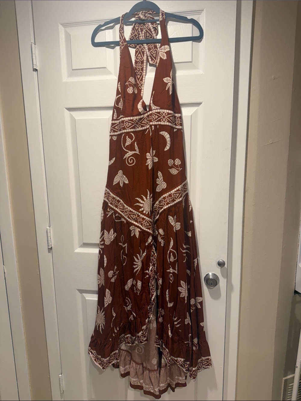 Brown Floral Halter Maxi Dress with White Print - Women